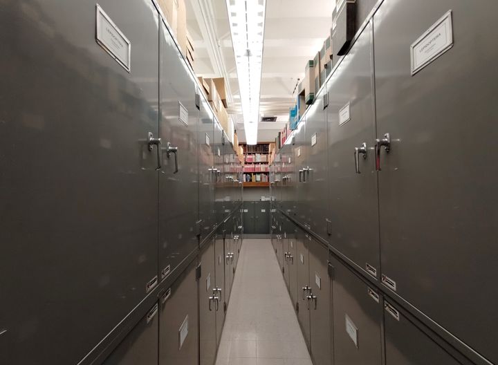 Rows of compactor cabinets in the Enns Entomology Museum
